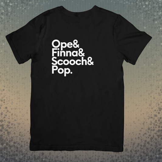 Midwest Thing Tee in black with bold white text reading 'Ope & Finna & Scooch & Pop.' Unisex fit shirt for Midwest culture lovers.