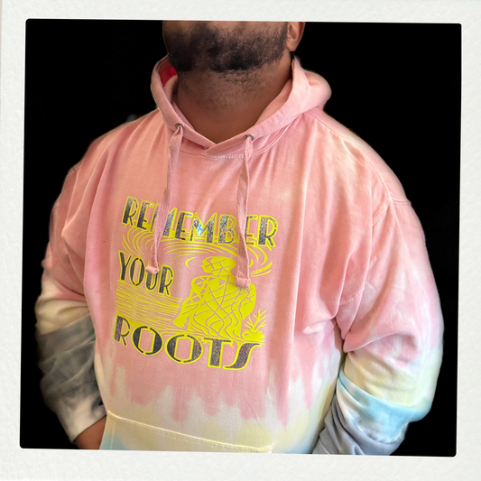 Roots Hoodie in pink and pastel tie-dye with 'Remember Your Roots' graphic and abstract line art, ideal for casual streetwear fashion.